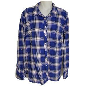 Talbots Womens Top Medium Blue Pink Plaid Long Tab Sleeve Button Up Blouse Shirt